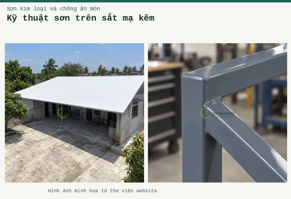 Kỹ thuật sơn trên sắt mạ kẽm – Ảnh minh họa: Mối nối khung cửa sắt mạ kẽm hoàn thiện lớp sơn ghi nhạt; Mái tôn trắng của công trình một tầng và khoảng sân phía trước.