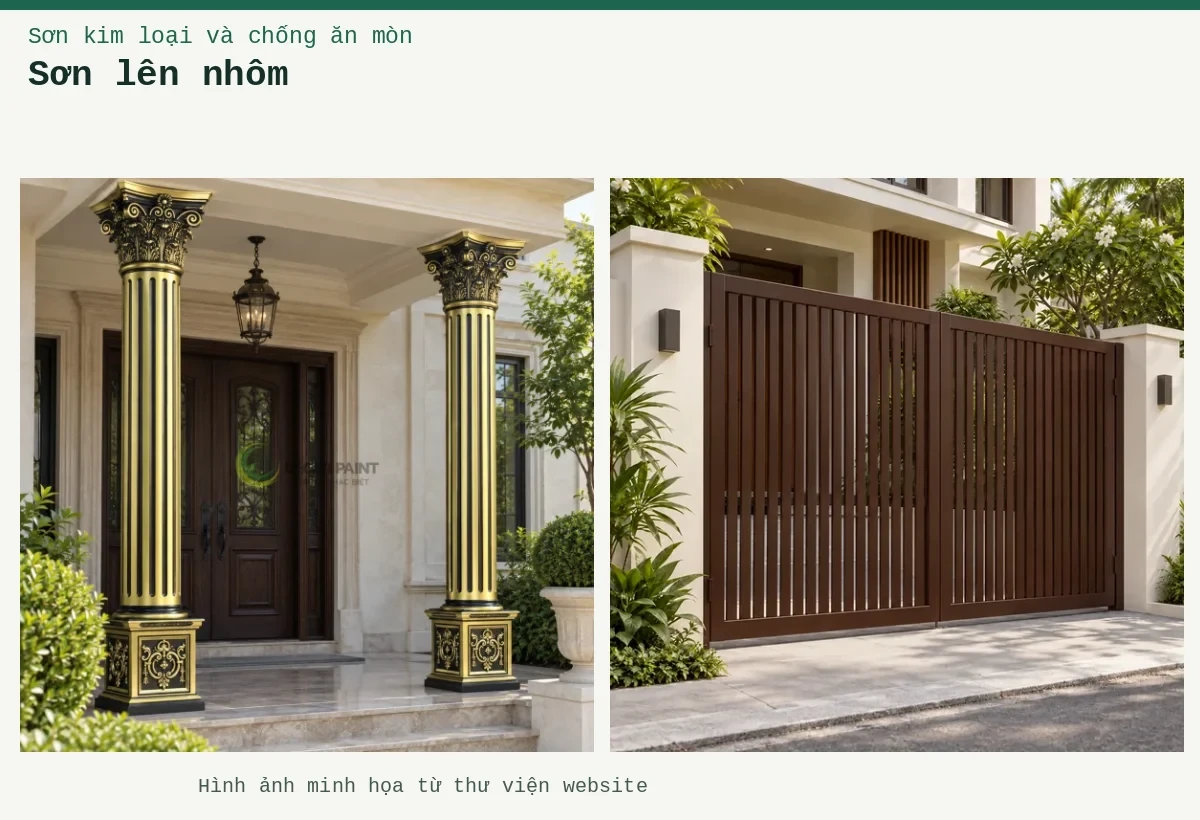 Sơn lên nhôm – Ảnh minh họa: Sơn nhôm xingfa nâu mờ – ứng dụng trên cửa cổng hoặc lan can; Trụ nhôm đúc tại sảnh cửa.