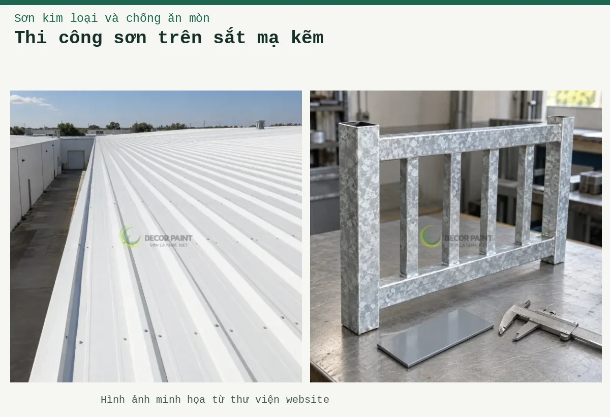 Thi công sơn trên sắt mạ kẽm – Ảnh minh họa: Mẫu hàng rào thép mạ kẽm, tấm màu xám và thước cặp trên bàn; Các dải mái tôn công nghiệp màu trắng nhìn dọc theo công trình.