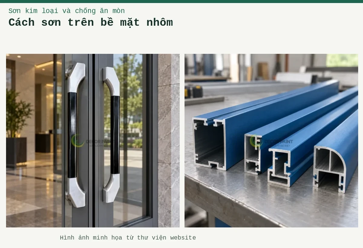 Cách sơn trên bề mặt nhôm – Ảnh minh họa: Minh họa các thanh nhôm định hình phủ màu xanh, với đầu cắt lộ bề mặt nhôm; Tay nắm cửa nhôm kính tiền sảnh.