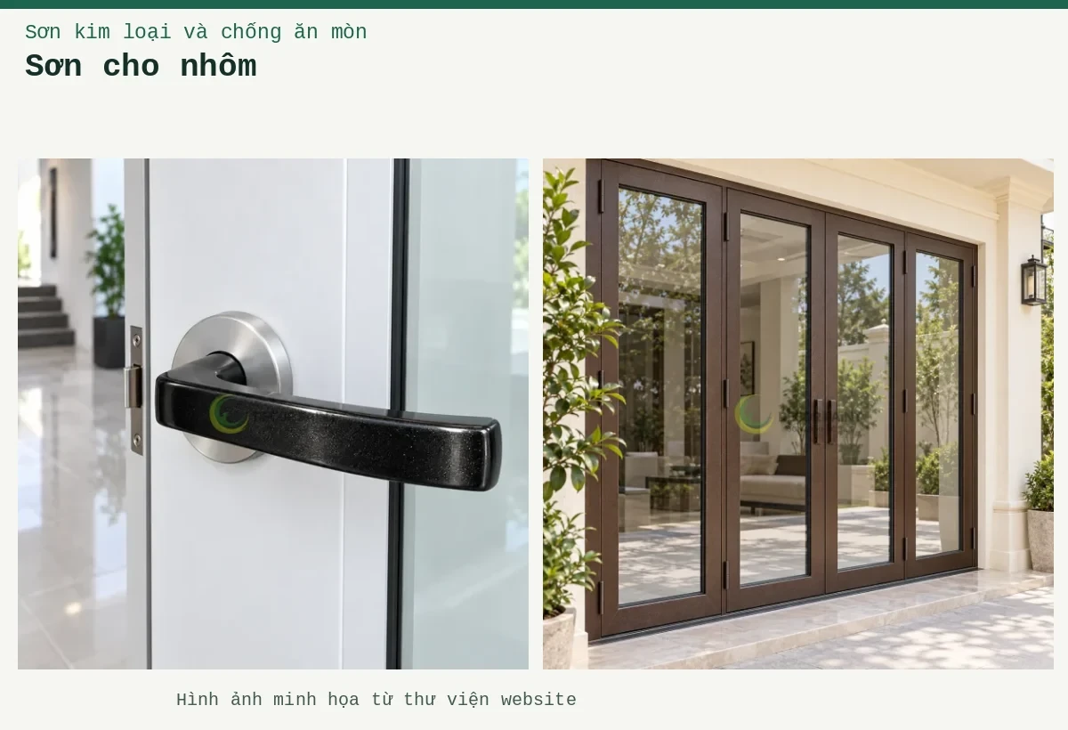 Sơn cho nhôm – Ảnh minh họa: Tay gạt trên cửa nhôm trắng; Cửa nhôm gấp nâu Xingfa.