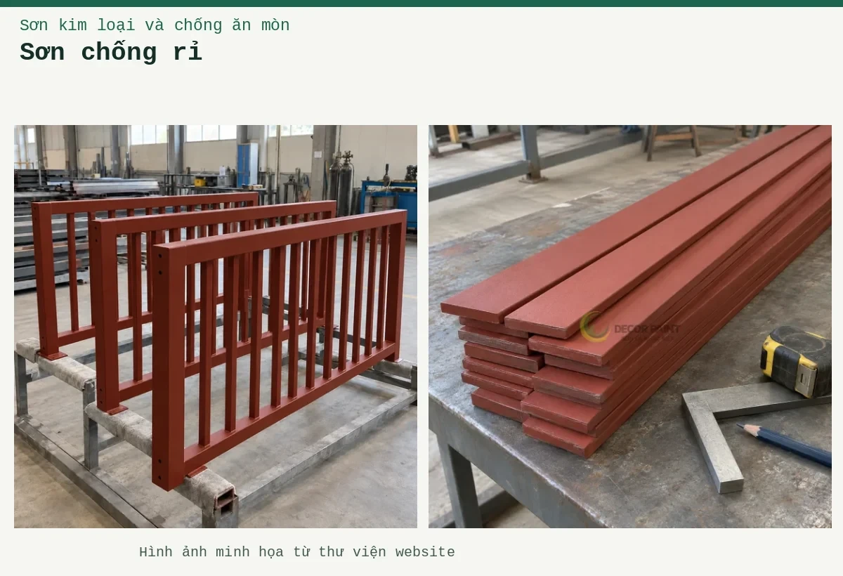 Sơn chống rỉ – Ảnh minh họa: Minh họa thép bản phủ sơn chống rỉ màu nâu đỏ cùng dụng cụ đo bề mặt; Sơn lót kim loại đỏ oxit – cấu kiện lan can được sơn lót.
