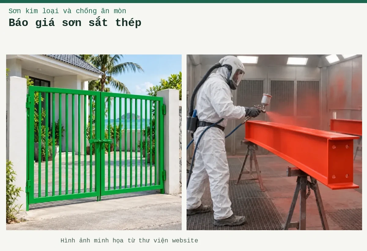 Báo giá sơn sắt thép – Ảnh minh họa: Sơn kim loại xanh lá mạ – cổng thép tại nhà ven biển; Sơn lót kim loại đỏ oxit – thi công phun lớp lót trên thép.