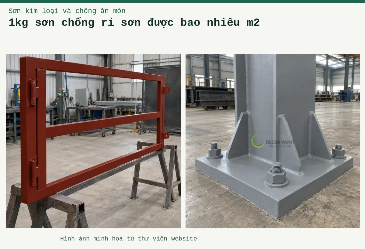 1kg sơn chống rỉ sơn được bao nhiêu m2 – Ảnh minh họa: Chân cột thép và bản mã liên kết được phủ sơn chống rỉ màu xám; Sơn lót kim loại đỏ oxit – khung cổng được phủ lớp lót tại xưởng.