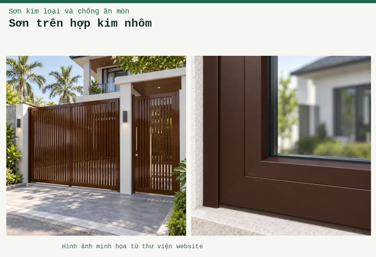 Sơn trên hợp kim nhôm – Ảnh minh họa: Sơn nhôm xingfa nâu bóng – cửa cổng kim loại; Sơn nhôm xingfa nâu mờ – cận cảnh lớp phủ trên kim loại.