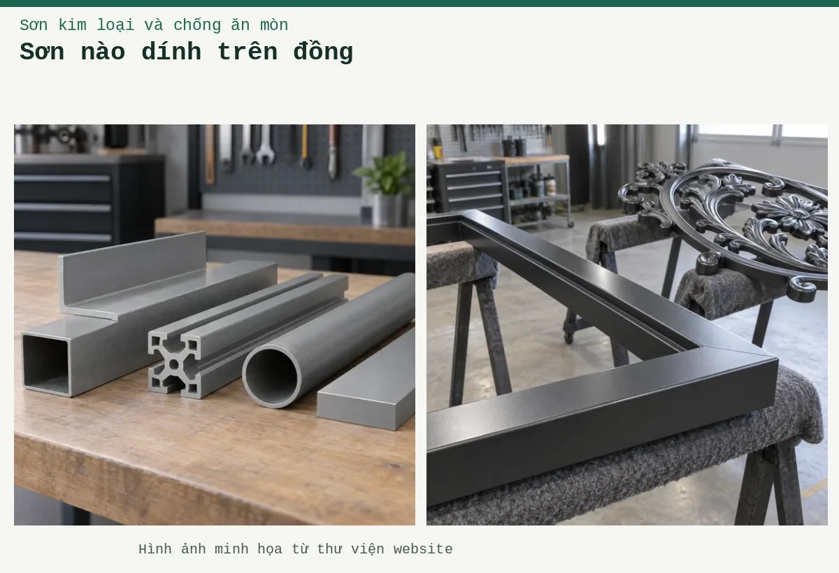 Sơn nào dính trên đồng – Ảnh minh họa: Pha sơn hai thành phần với chất đóng rắn – cấu kiện kim loại sau khi hoàn thiện lớp phủ; Sơn đa năng trên kim loại – các dạng bề mặt và thanh định hình kim loại.