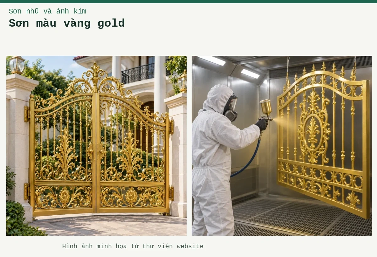 Sơn màu vàng gold – Ảnh minh họa: Sơn nhũ vàng 24K trên kim loại – ứng dụng trên cửa cổng hoặc lan can; Sơn nhũ vàng 24K trên kim loại – thi công bằng súng phun trong buồng phun.