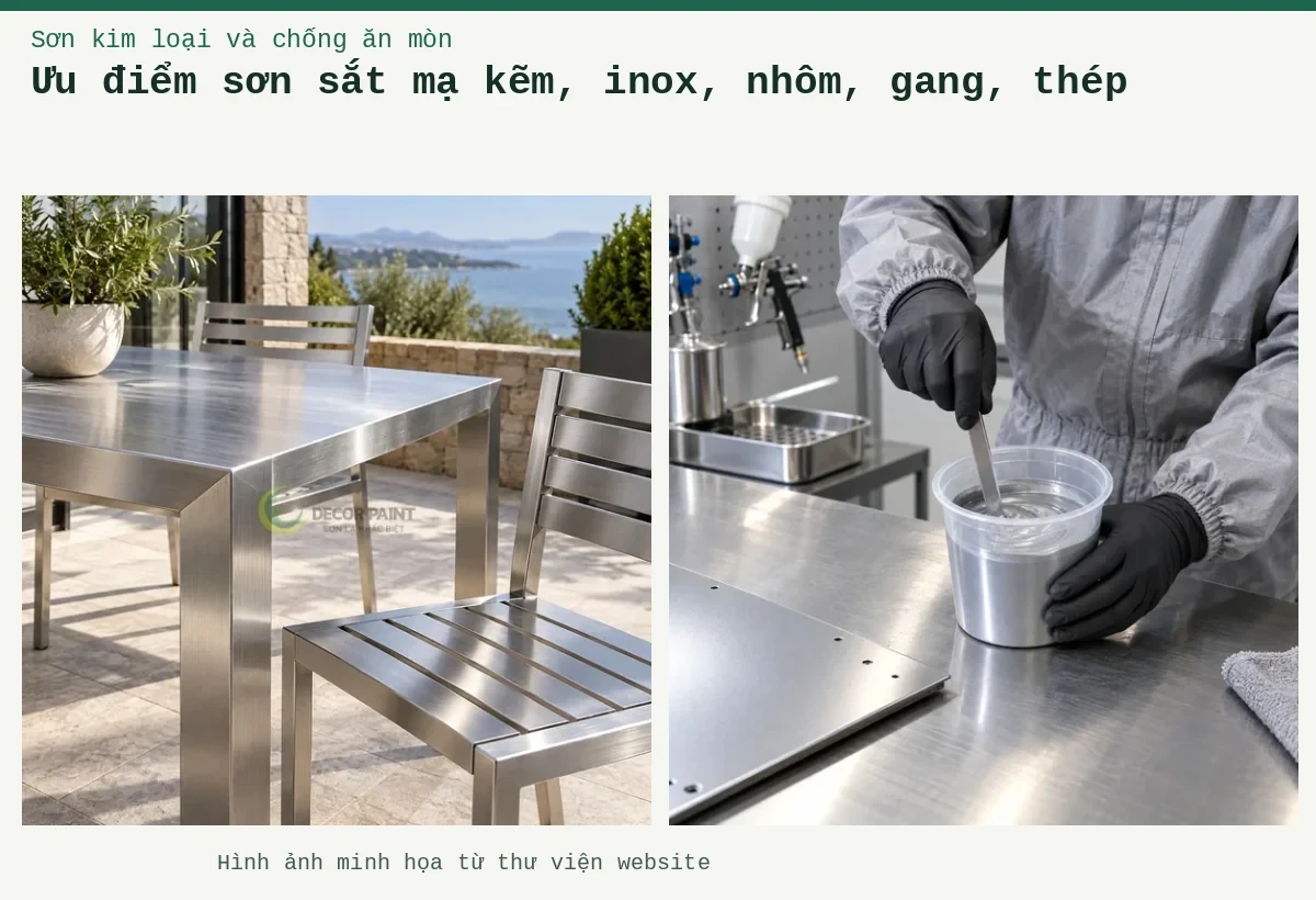 Ưu điểm sơn sắt mạ kẽm, inox, nhôm, gang, thép – Ảnh minh họa: Bàn ghế inox ngoài hiên, minh họa nhóm bề mặt cần lớp phủ bảo vệ trong suốt; Pha sơn hai thành phần với chất đóng rắn – khuấy trộn sơn hai thành phần.