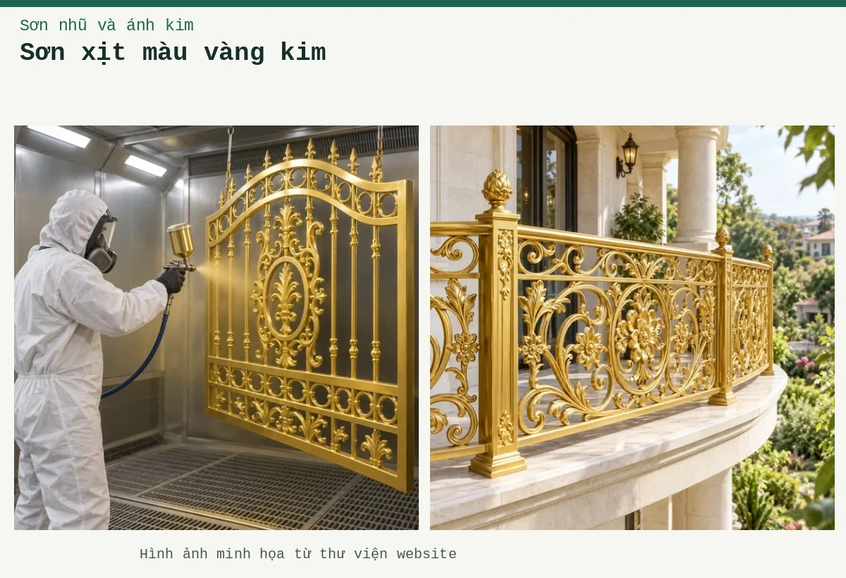 Sơn xịt màu vàng kim – Ảnh minh họa: Sơn nhũ vàng 24K trên kim loại – ứng dụng trên cửa cổng hoặc hàng rào; Sơn nhũ vàng 24K trên kim loại – thi công bằng súng phun trong buồng phun.