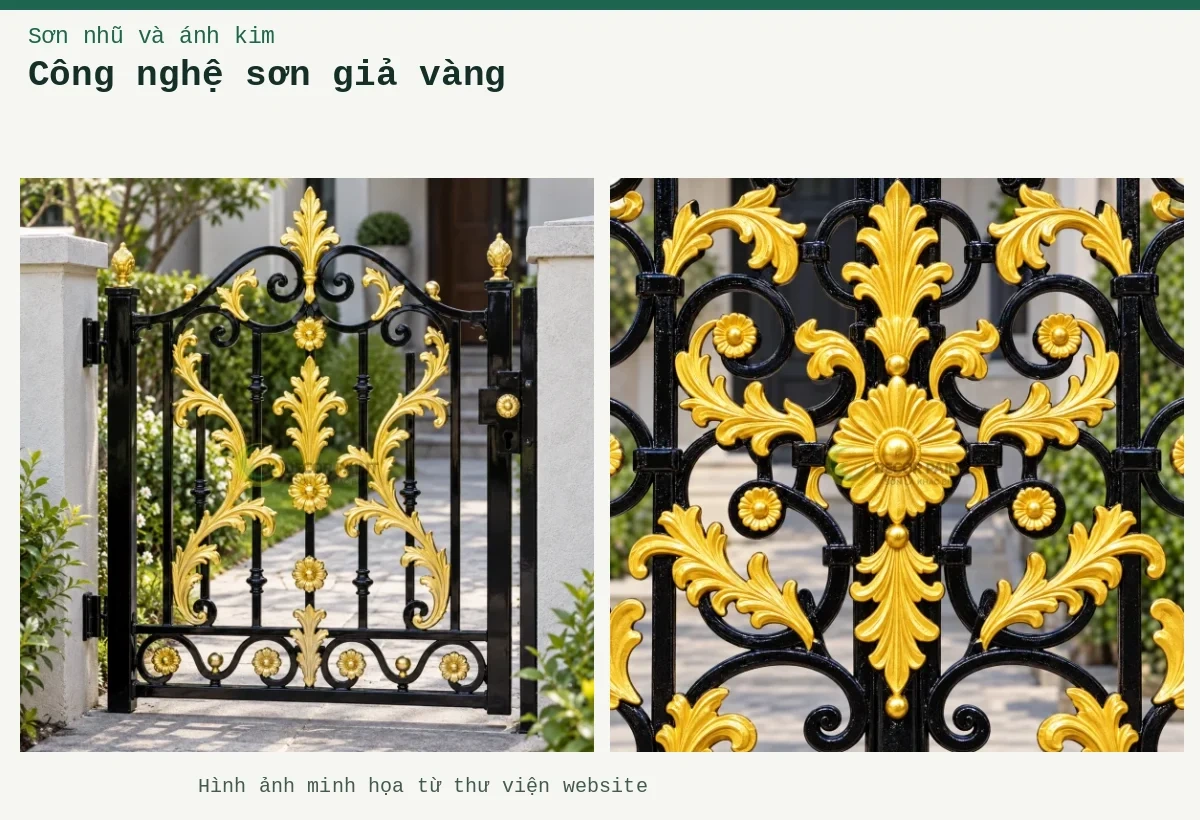 Công nghệ sơn giả vàng – Ảnh minh họa: Hoa văn trung tâm cổng nhũ vàng nghệ; Cổng vườn trang trí nhũ vàng nghệ.