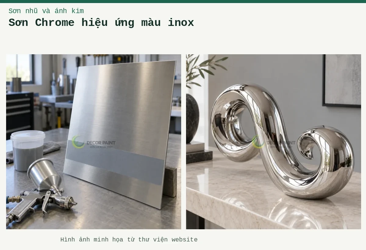 Sơn Chrome hiệu ứng màu inox – Ảnh minh họa: Bình trang trí chrome; Tấm inox xước với dải phủ thử màu xám, cốc pha và súng phun trên bàn chuẩn bị.