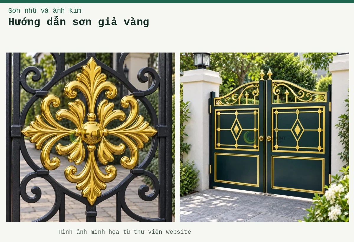 Hướng dẫn sơn giả vàng – Ảnh minh họa: Họa tiết cổng giả vàng; Cổng đôi nhũ vàng.