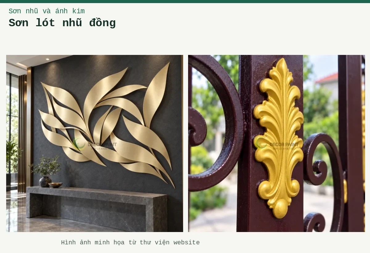 Sơn lót nhũ đồng – Ảnh minh họa: Phù điêu lá nhũ đồng vàng; Cận lá nhũ đồng.