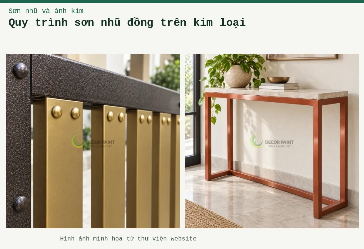 Quy trình sơn nhũ đồng trên kim loại – Ảnh minh họa: Khung bàn kim loại nhũ đồng đỏ; Cận thanh sắt nhũ đồng.