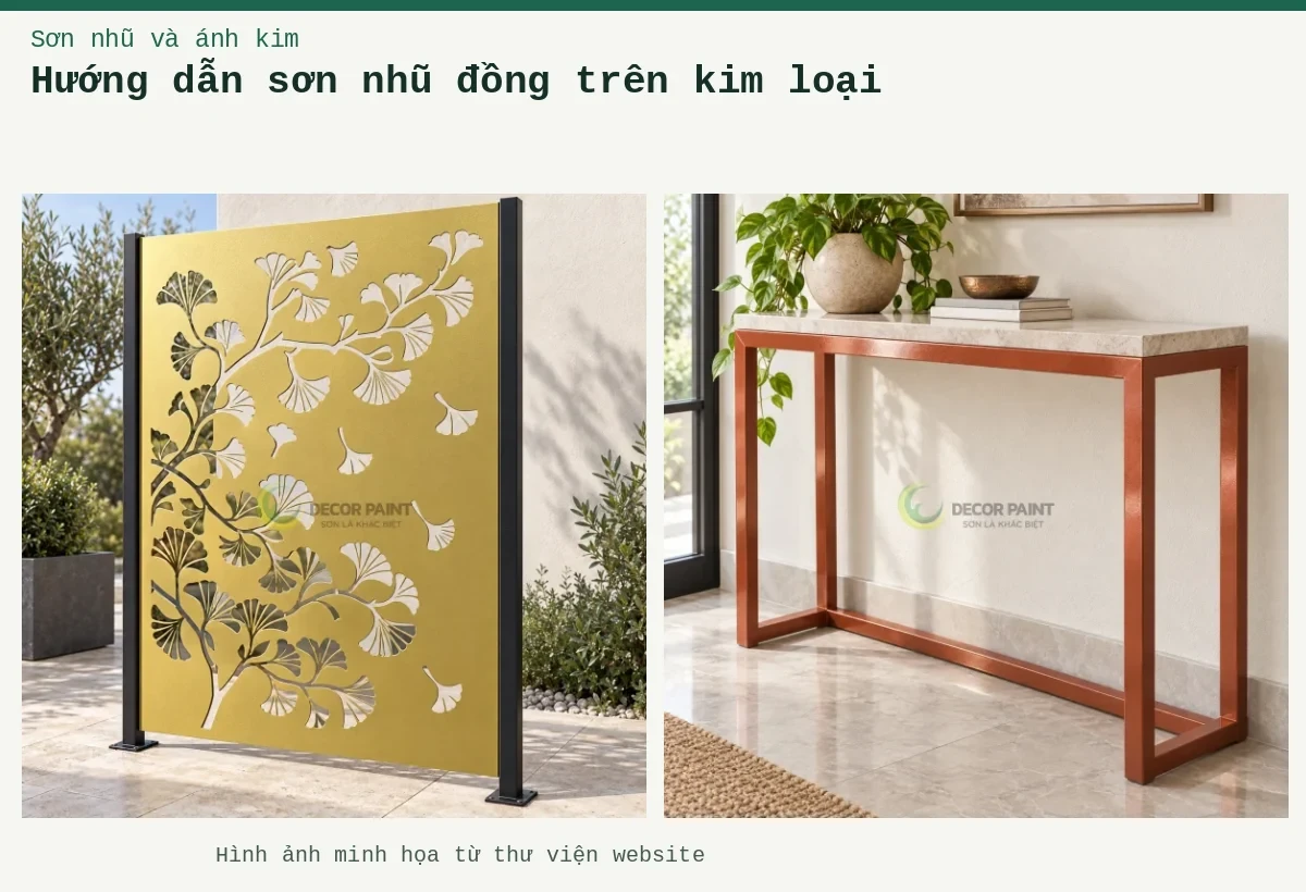 Hướng dẫn sơn nhũ đồng trên kim loại – Ảnh minh họa: Khung bàn kim loại nhũ đồng đỏ; Cổng sắt CNC nhũ đồng.