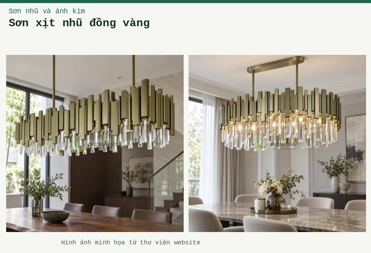 Sơn xịt nhũ đồng vàng – Ảnh minh họa: Đèn chùm oval nhũ đồng vàng; Đèn chùm thanh dài nhũ đồng vàng.
