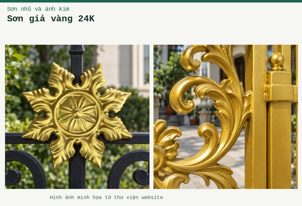 Sơn giả vàng 24K – Ảnh minh họa: Hoa văn hàng rào sơn nhũ vàng 24K; Sơn nhũ vàng 24K trên kim loại – cận cảnh lớp phủ trên kim loại.
