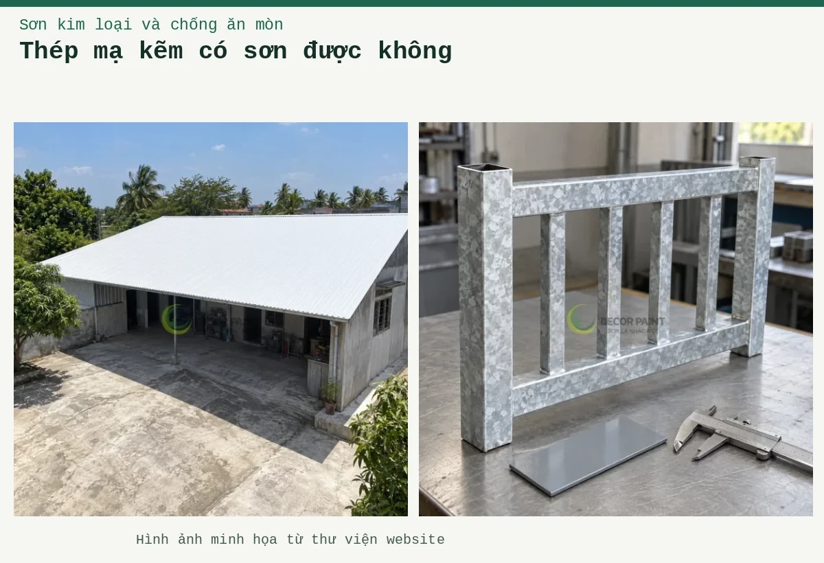 Thép mạ kẽm có sơn được không – Ảnh minh họa: Mẫu hàng rào thép mạ kẽm, tấm màu xám và thước cặp trên bàn; Mái tôn trắng của công trình một tầng và khoảng sân phía trước.