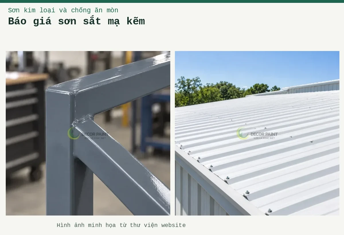 Báo giá sơn sắt mạ kẽm – Ảnh minh họa: Mối nối khung cửa sắt mạ kẽm hoàn thiện lớp sơn ghi nhạt; Mái tôn phủ trắng dưới ánh nắng.