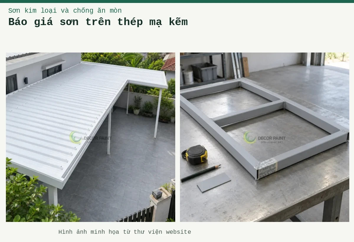 Báo giá sơn trên thép mạ kẽm – Ảnh minh họa: Minh họa khung thép mạ kẽm phủ sơn chống rỉ và phần mẫu bề mặt kẽm; Mái che sân nhà bằng tôn màu trắng.