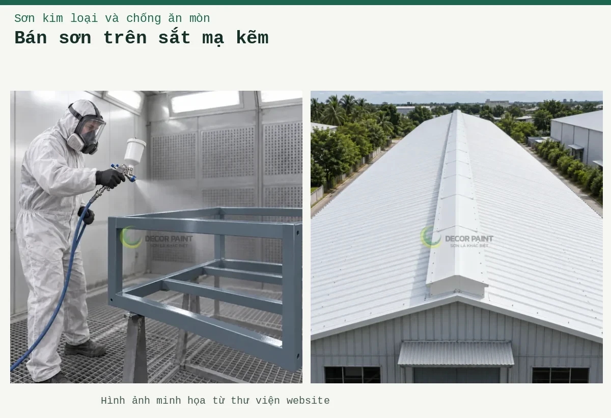 Bán sơn trên sắt mạ kẽm – Ảnh minh họa: Minh họa phun sơn ghi nhạt trên khung sắt mạ kẽm trong buồng phun; Mái tôn nhà xưởng màu trắng và chóp thông gió.