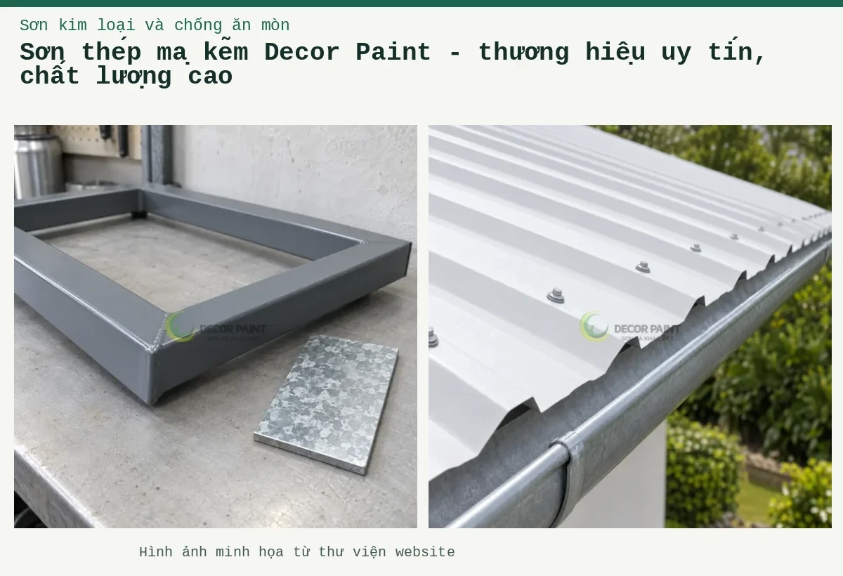 Sơn thép mạ kẽm Decor Paint - thương hiệu uy tín, chất lượng cao – Ảnh minh họa: Khung thép hộp phủ màu xám bên tấm mẫu bề mặt mạ kẽm; Chi tiết mép tôn trắng, vít mái và máng xối.