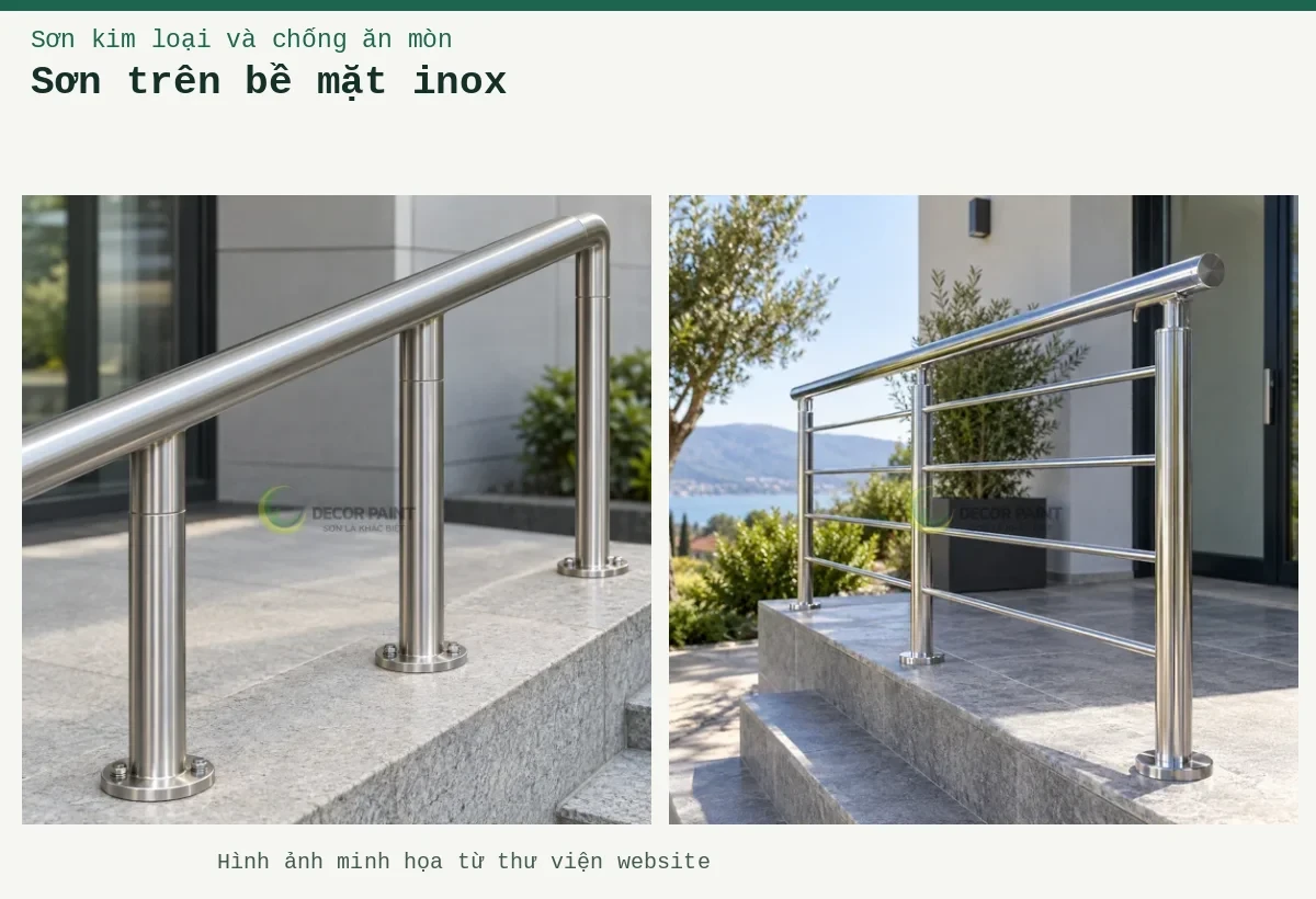 Sơn trên bề mặt inox – Ảnh minh họa: Lan can inox hoàn thiện trong suốt, giữ sắc kim loại và độ phản sáng của bề mặt; Minh họa tay vịn và chân trụ inox với bề mặt xước bạc hoàn thiện.