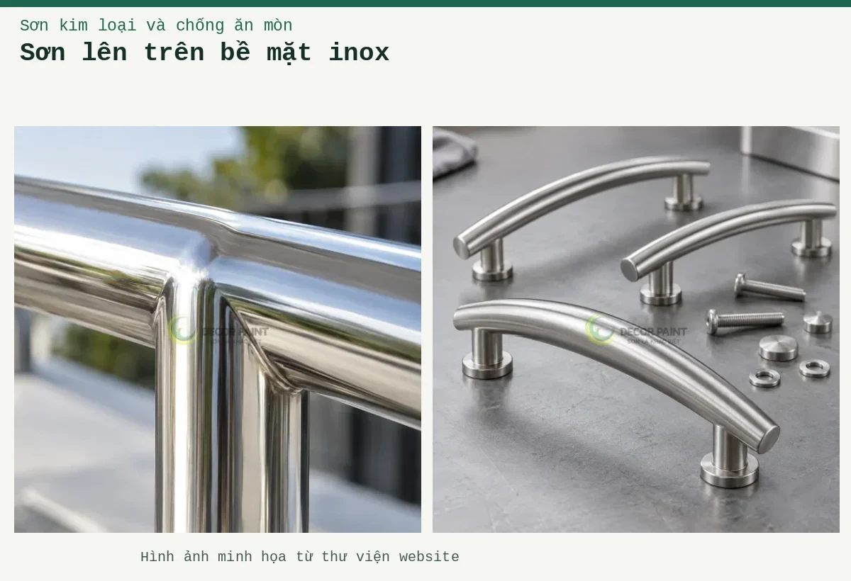 Sơn lên trên bề mặt inox – Ảnh minh họa: Minh họa tay nắm cong và phụ kiện inox với bề mặt bạc xước; Cận cảnh góc nối lan can inox để quan sát bề mặt trước khi chọn lớp phủ bảo vệ.