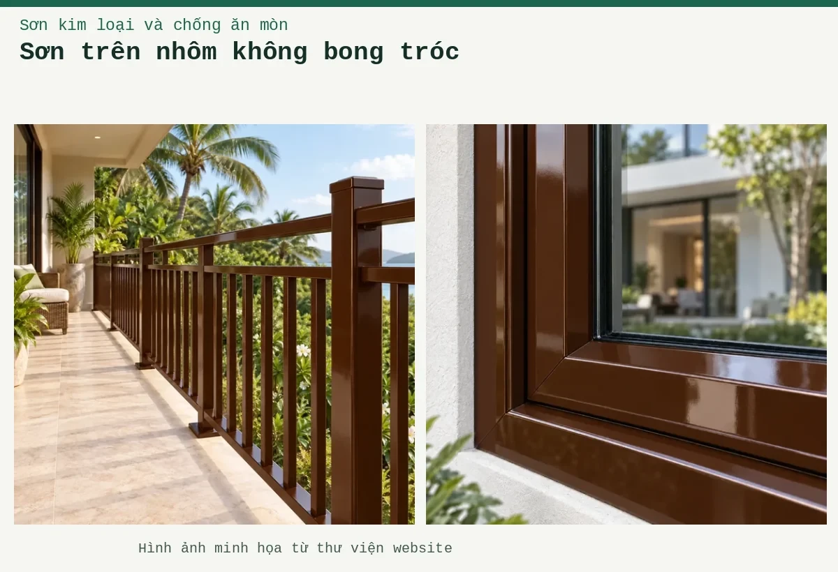 Sơn trên nhôm không bong tróc – Ảnh minh họa: Sơn nhôm xingfa nâu bóng – lan can hoặc hàng rào; Sơn nhôm xingfa nâu bóng – cận cảnh lớp sơn và mối nối.