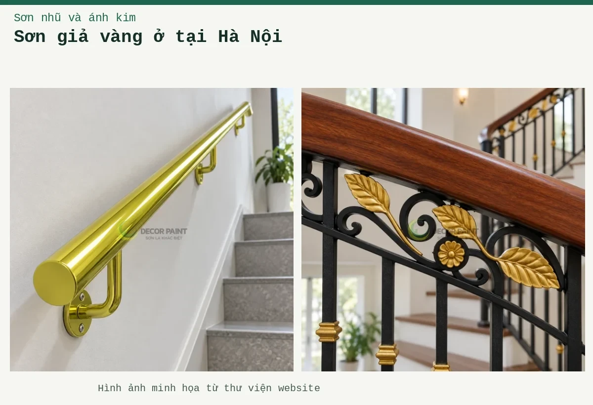 Sơn giả vàng ở tại Hà Nội – Ảnh minh họa: Hoa lá nhũ vàng dưới tay vịn; Tay vịn ống kim loại sơn giả vàng.