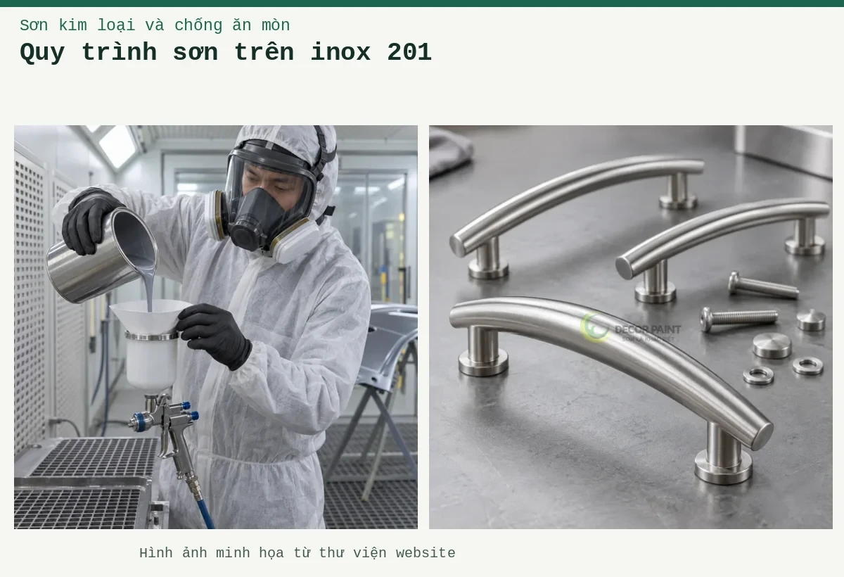 Quy trình sơn trên inox 201 – Ảnh minh họa: Minh họa tay nắm cong và phụ kiện inox với bề mặt bạc xước; Pha sơn hai thành phần với chất đóng rắn – lọc hỗn hợp sơn đã pha vào cốc súng phun.