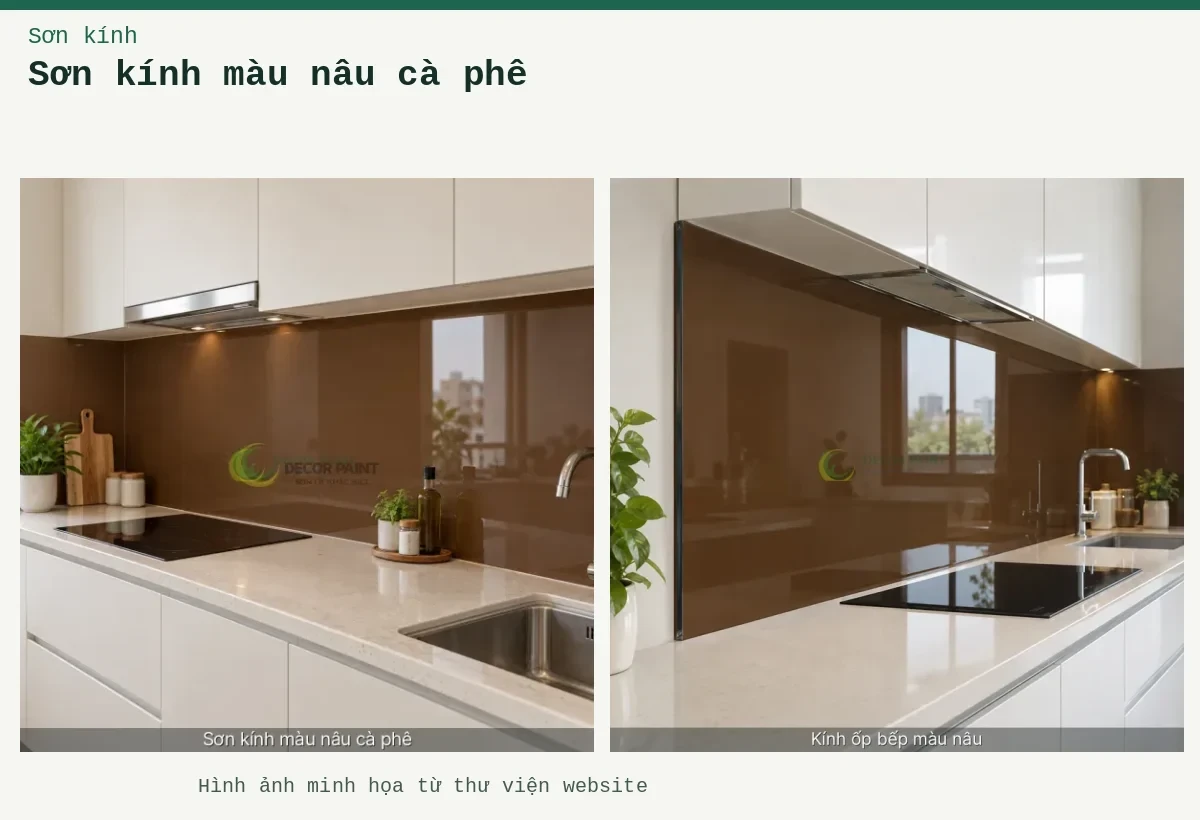 Sơn kính màu nâu cà phê – Ảnh minh họa: Kính ốp bếp màu nâu cà phê; Minh hoạ kính ốp bếp màu nâu: nâu, thấy rõ bề mặt và cạnh kính.