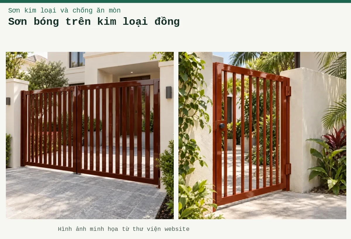 Sơn bóng trên kim loại đồng – Ảnh minh họa: Sơn kim loại mận chín bóng – cửa cổng kim loại; Sơn kim loại đỏ gạch bóng – cửa cổng kim loại.