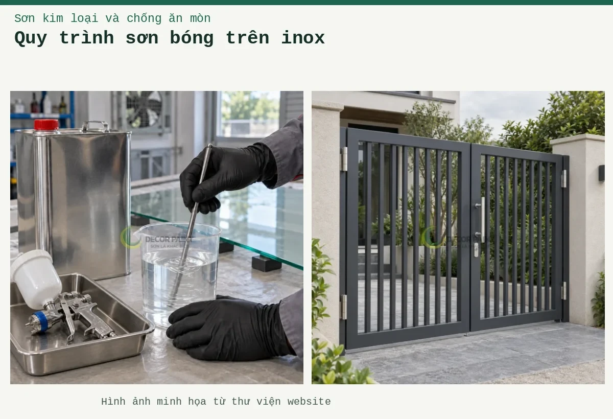 Quy trình sơn bóng trên inox – Ảnh minh họa: Cổng inox hai cánh phủ màu xám than; Khuấy dung môi.