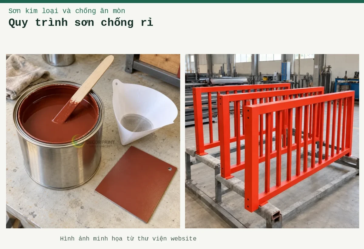 Quy trình sơn chống rỉ – Ảnh minh họa: Sơn lót kim loại đỏ oxit – cấu kiện lan can được sơn lót; Sơn lót nâu đỏ trong lon, que khuấy, phễu lọc và tấm thép mẫu đã sơn.