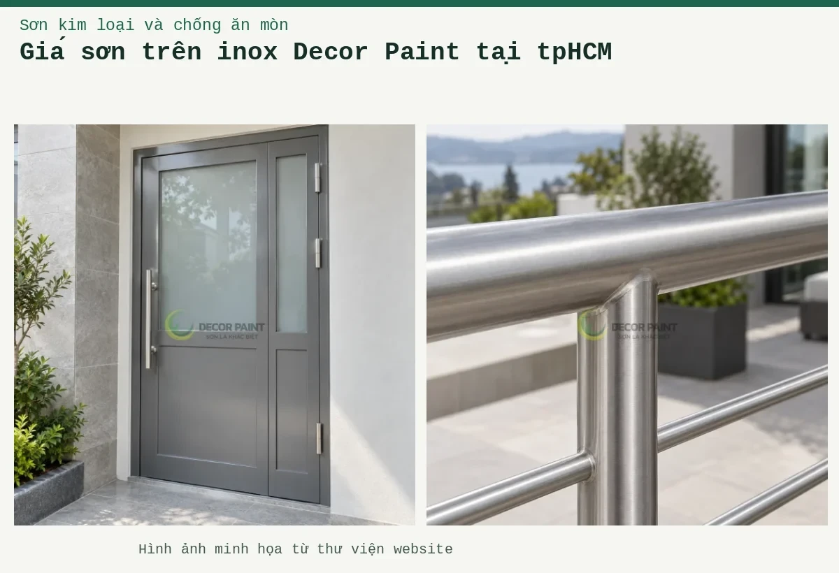 Giá sơn trên inox Decor Paint tại tpHCM – Ảnh minh họa: Lan can inox vân xước phủ trong; Cửa khung inox phủ màu xám với ô kính mờ.