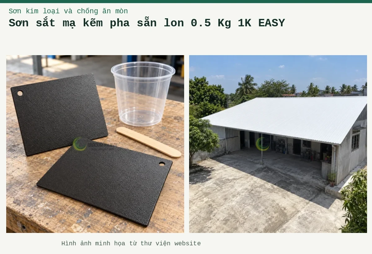Sơn sắt mạ kẽm pha sẵn lon 0.5 Kg 1K EASY – Ảnh minh họa: Mái tôn trắng của công trình một tầng và khoảng sân phía trước; Mẫu sơn sần và cốc trộn.