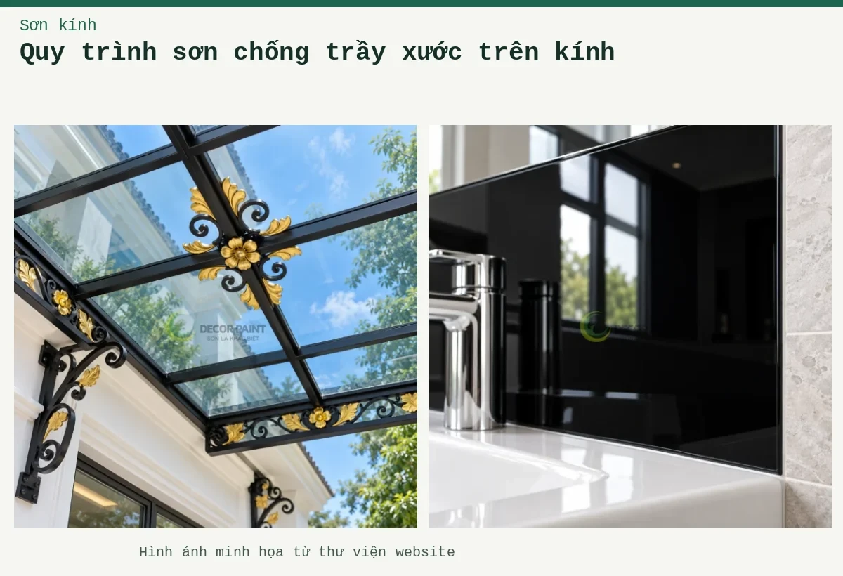 Quy trình sơn chống trầy xước trên kính – Ảnh minh họa: Họa tiết mặt dưới mái kính; Chi tiết kính ốp khu vực lavabo.