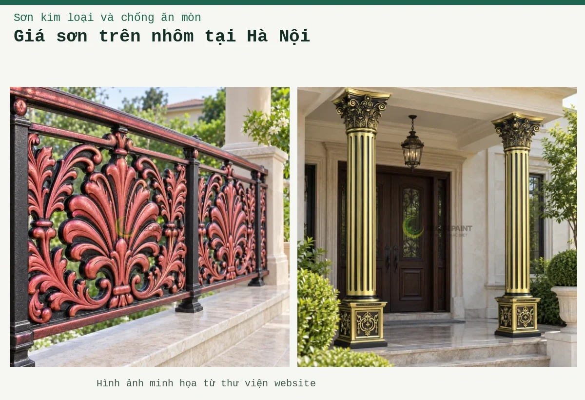 Giá sơn trên nhôm tại Hà Nội – Ảnh minh họa: Trụ nhôm đúc tại sảnh cửa; Lan can ban công nhôm đúc.