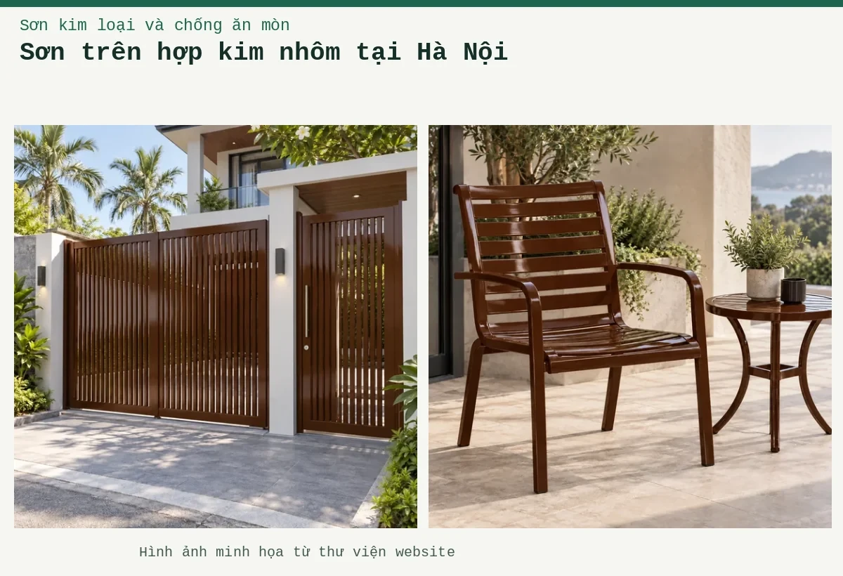 Sơn trên hợp kim nhôm tại Hà Nội – Ảnh minh họa: Sơn nhôm xingfa nâu bóng – cửa cổng kim loại; Sơn nhôm xingfa nâu bóng – ứng dụng trên đồ dùng hoặc cấu kiện kim loại.