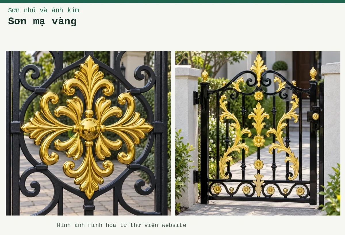 Sơn mạ vàng – Ảnh minh họa: Cổng vườn trang trí nhũ vàng nghệ; Họa tiết cổng giả vàng.