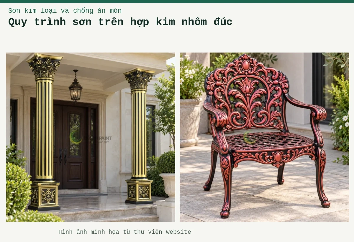Quy trình sơn trên hợp kim nhôm đúc – Ảnh minh họa: Trụ nhôm đúc tại sảnh cửa; Ghế sân vườn nhôm đúc.