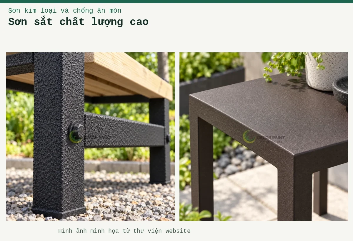 Sơn sắt chất lượng cao – Ảnh minh họa: Chân ghế sắt sơn nhám; Bàn sắt sân vườn.
