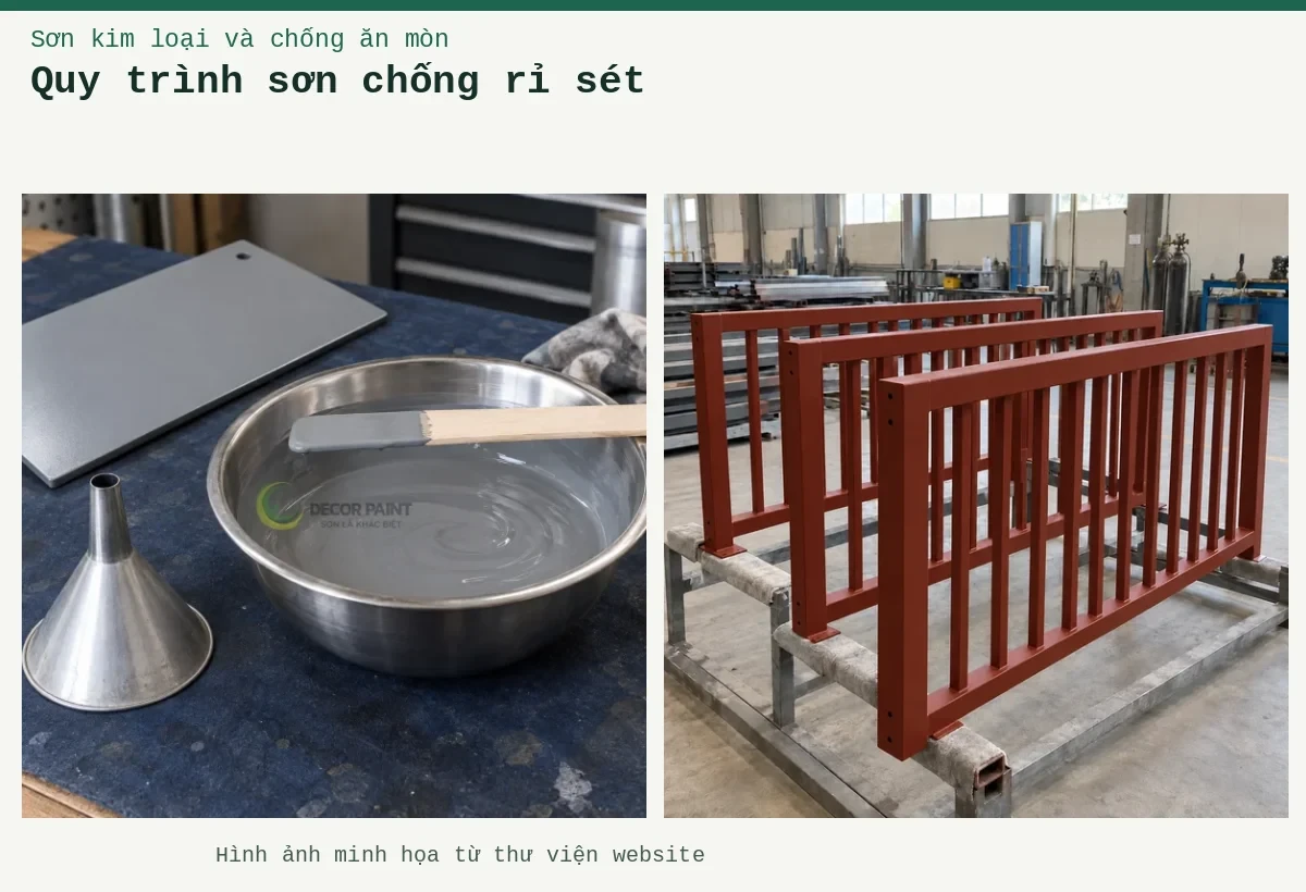 Quy trình sơn chống rỉ sét – Ảnh minh họa: Sơn lót kim loại đỏ oxit – cấu kiện lan can được sơn lót; Sơn lót màu xám trong bát pha, que khuấy, phễu và tấm thép phủ thử.