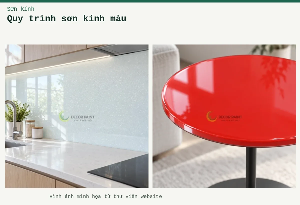 Quy trình sơn kính màu – Ảnh minh họa: Mặt bàn kính màu đỏ theo mẫu; Kính bếp trắng nhũ.