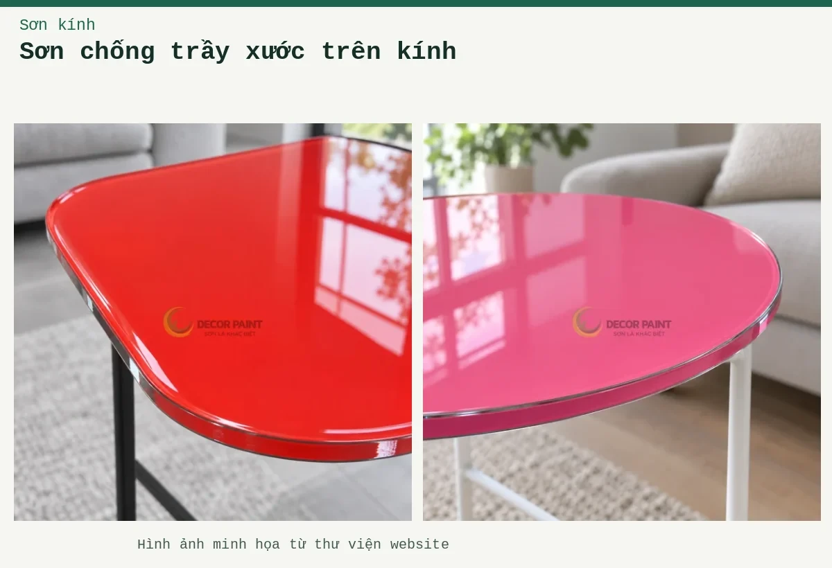 Sơn chống trầy xước trên kính – Ảnh minh họa: Mặt bàn kính màu hồng; Mặt bàn kính màu đỏ tươi.