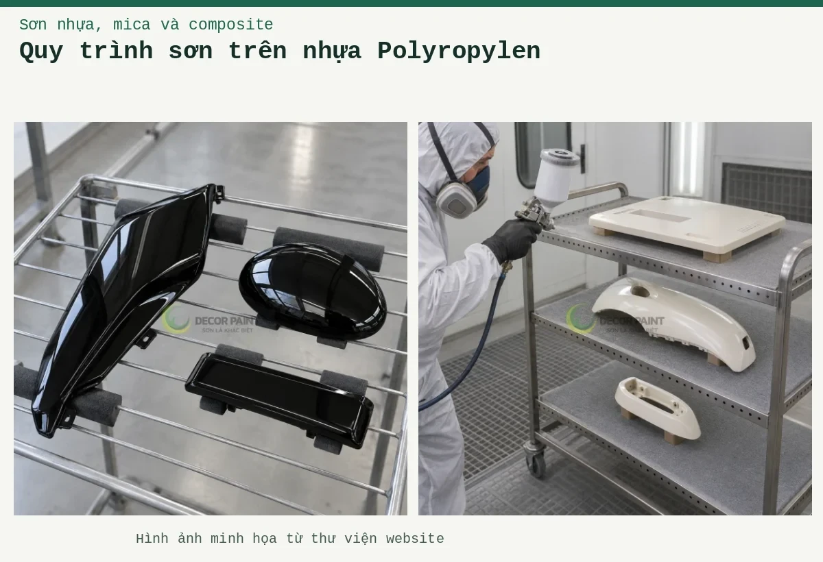 Quy trình sơn trên nhựa Polyropylen – Ảnh minh họa: Chi tiết nhựa đen bóng trên giá; Chi tiết nhựa trên giá.