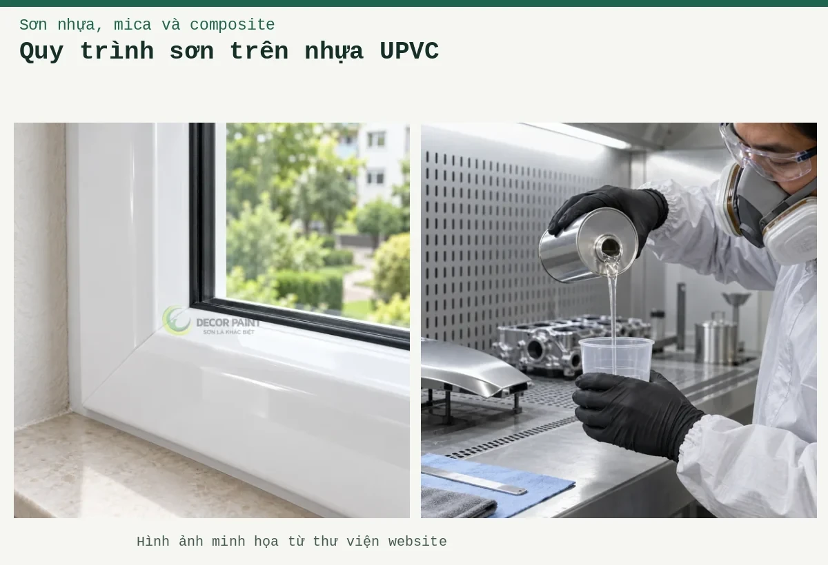 Quy trình sơn trên nhựa UPVC – Ảnh minh họa: Cận góc nối khung cửa sổ uPVC trắng bóng với gioăng kính màu đen; Pha sơn hai thành phần với chất đóng rắn – chuẩn bị thành phần đóng rắn tại bàn pha sơn.