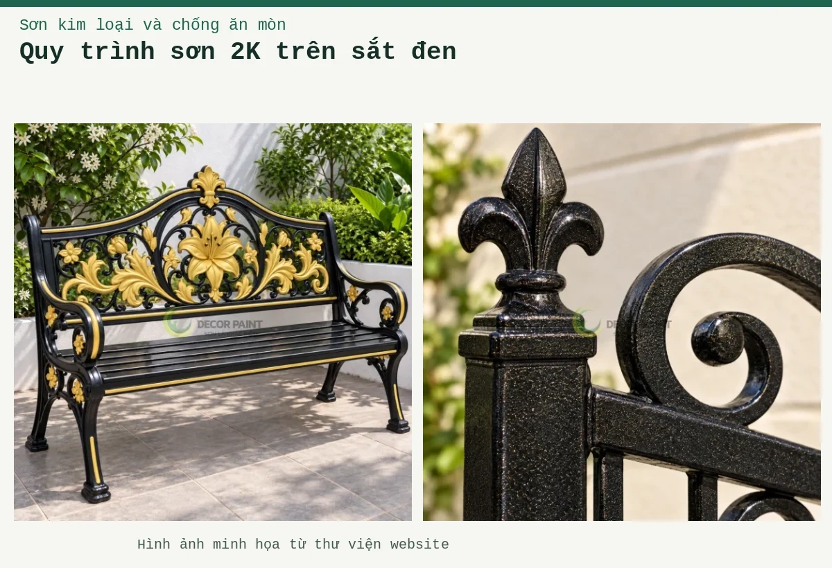 Quy trình sơn 2K trên sắt đen – Ảnh minh họa: Chi tiết hoa văn sắt sơn nhũ đen; Ghế sắt đen vàng.