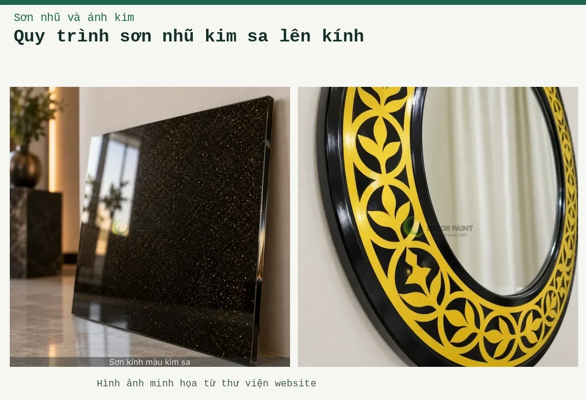 Quy trình sơn nhũ kim sa lên kính – Ảnh minh họa: Kính trang trí với nhũ ca may vàng kim mịn; Khung gương họa tiết lá vàng chanh.